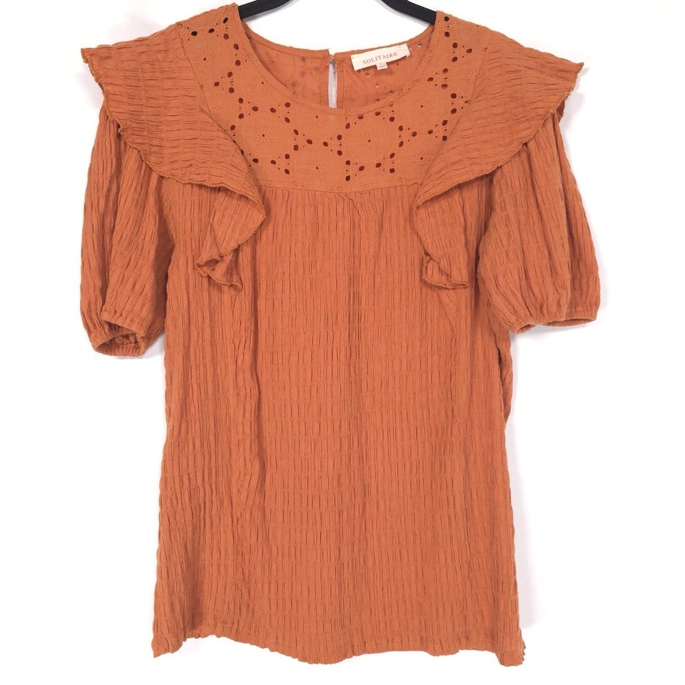 Anthropologie SOLITAIRE Top LARGE Eyelet Ruffle Embroidered Rust Cotton 21-290
